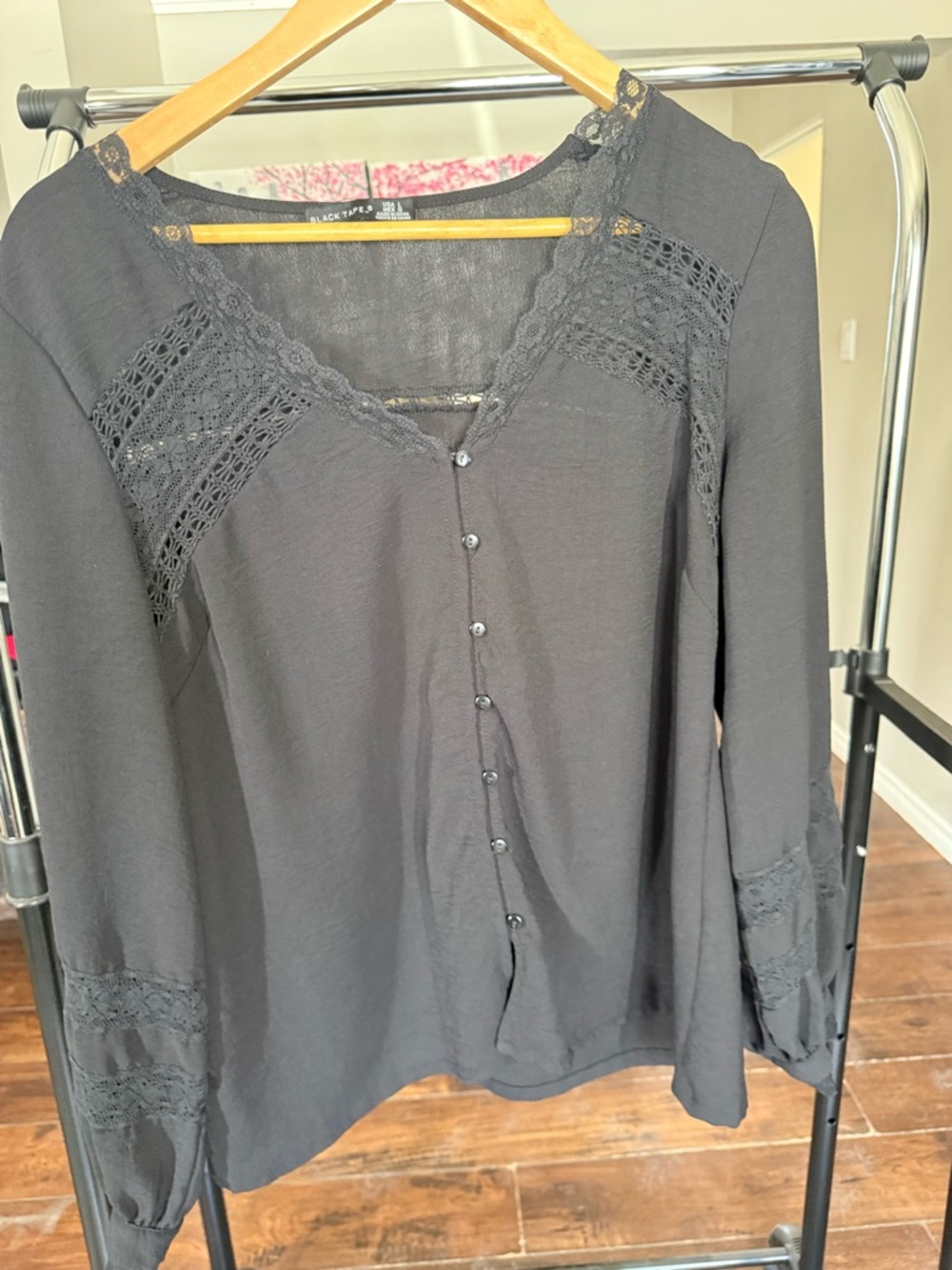 Black Tape Black Lace-Trim Button-Front Black Blouse